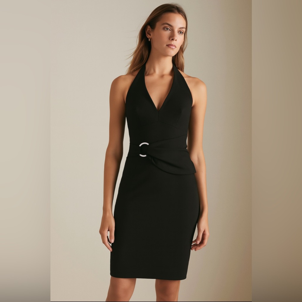 Karen Millen Black Backless Halter Sheath Dress with Waist Buckle